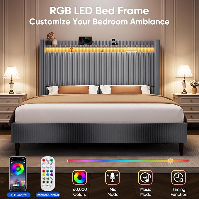 King Bed Frame with 55.3" Tall Headboard, Corduroy Upholstered Platform Bed with LED Lights & Charging Station, Wingback Storage Headboard, Solid Wood Slats,Noise Free,No Box Spring Needed,Dark Grey
