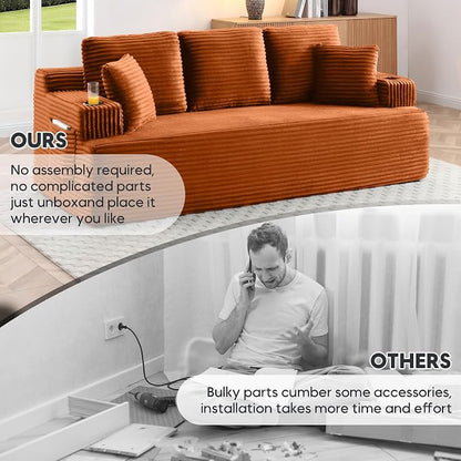 86.2'' Boneless Sofa Couch with Cup Holders & Side Pockets, Modern Corduroy Fabric Upholstered 3-seat Couch with 2 Throw Pillows for Living Room, Office, No Assembly (Orange)