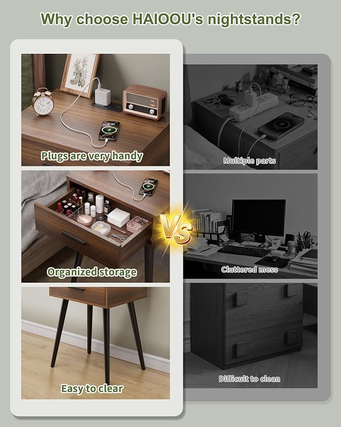 HAIOOU Nightstands Set of 2 with Charging Station, Mid Century Modern Bedside Table, End Table with Drawer Storage, Solid Pine Wood Legs, Walnut Night Stand for Bedroom Living Room