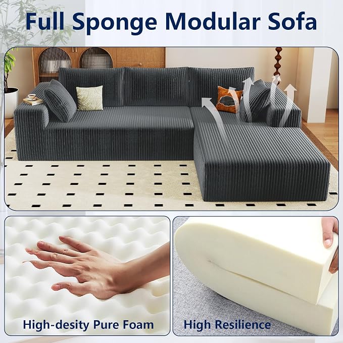 96" Modular Sectional Sofa, Modern Corduroy Cloud Couch with Deep Seat, Boneless Couch Upholstered 3-Seater L-Shaped Sofa for Living Room, No Assembly Required (Dark Grey, Right-Facing Chaise)