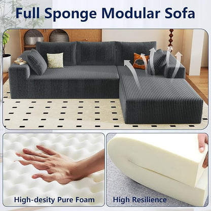 96" Modular Sectional Sofa, Modern Corduroy Cloud Couch with Deep Seat, Boneless Couch Upholstered 3-Seater L-Shaped Sofa for Living Room, No Assembly Required (Dark Grey, Right-Facing Chaise)