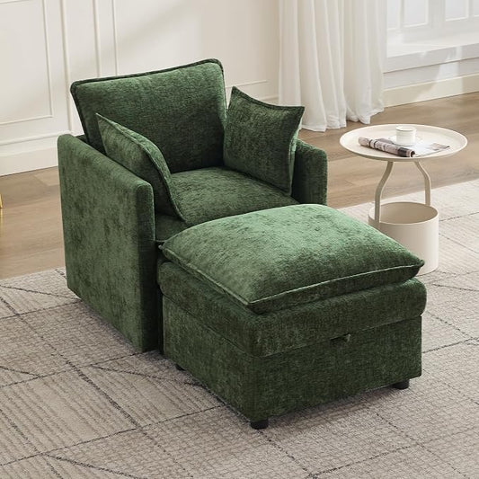 30" Cloud Modular Single Sofa Chair with Storage Ottoman, Modern Upholstered Accent Chair with Storage, Chenille Reading Lounge Armchair for Living Room, Bedroom, Small Space, Green