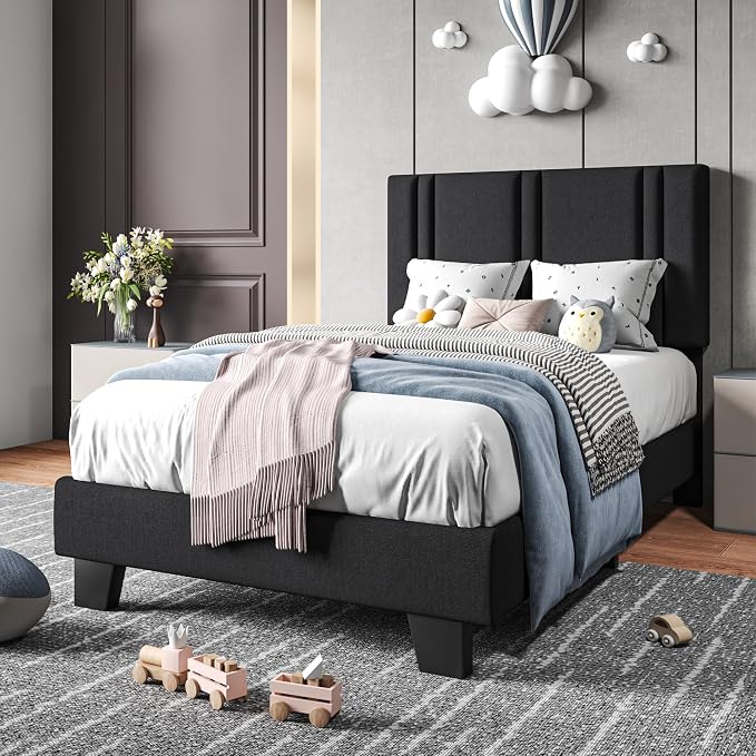 Einhomn Upholstered Twin Size Bed Frame with Linen Fabric Headboard, Strong Wooden Slats Support, Noise Free, No Box Spring Needed, Black