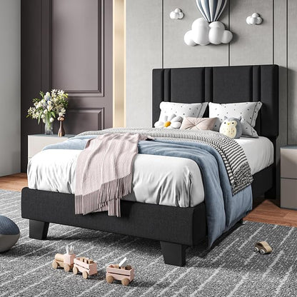 Einhomn Upholstered Twin Size Bed Frame with Linen Fabric Headboard, Strong Wooden Slats Support, Noise Free, No Box Spring Needed, Black