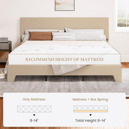SHA CERLIN Linen Upholstered King Size Bed Frame with Headboard, Beige | Adjustable Low-Profile Platform Bed, Minimalist Design, Stable Mattress Foundation, Strong Back-Support, No Box Spring Needed