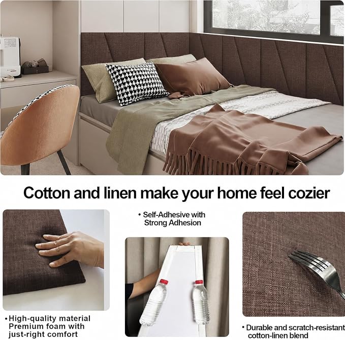 Peel and Stick Headboard Panels for Bed，Soft Padded Fabric Noise-Reducing Panels with Modern Stylish Design for Bedroom Decor (Coffee Brown, King)
