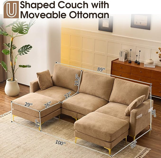 VINGLI 100" W U Shaped Couch with Ottoman, 22" Deep Seat Comfortable Sectional Couches for Living Room, 3 Seater Chenille Fabric Cloud Sofa for Apartment, Small Spaces, Bedroom, Khaki