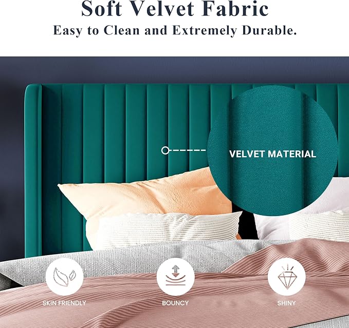 Allewie Full Size Bed Frame/Velvet Upholstered Platform Bed/Vertical Channel Tufted Wingback Headboard/Strong Wooden Slats/No Box Spring Needed/Easy Assembly/Teal