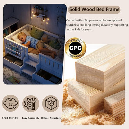 Bellemave Twin Size Kids Montessori Bed with Stairs and Bookshelf,Solid Wood Twin Size Kids Bed Frame with Drawers and Storage for Girls Boys,Low-Profile,White