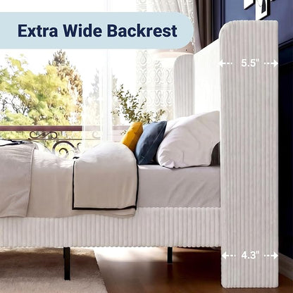 Allewie King Size Bed Frame with Upholstered Wingback Headboard, Vertical Channel Tufted Corduroy Velvet Platform Bed, Strong Wooden Slats Support, No Box Spring Needed，Easy Assembly, No Squeak, White