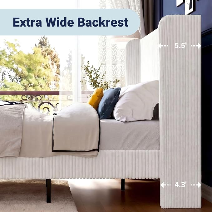 Allewie Queen Size Bed Frame with Upholstered Wingback Headboard, Vertical Channel Tufted Corduroy Velvet Platform Bed, Strong Wooden Slats Support, No Box Spring Needed, Easy Assembly, Sturdy, White