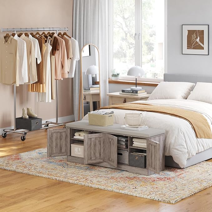DINZI LVJ Shoe Bench, Entryway Storage Bench with Doors, Cushion, 2-Tier Shoe Rack with 8-Cubby, 47.2”L x 13.8”W Shoe Organizer Cabinet, Adjustable Shelf, Living Room, Bedroom, Greige