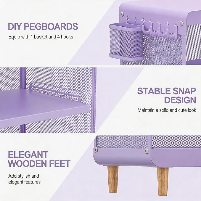 SYKIARIOL Kids Nightstand for Girls, Metal Bedside Table with 4 Hooks & Hanging Basket, 3-Tier Storage Shelf, Toddler Night Stand for Bedroom, Purple