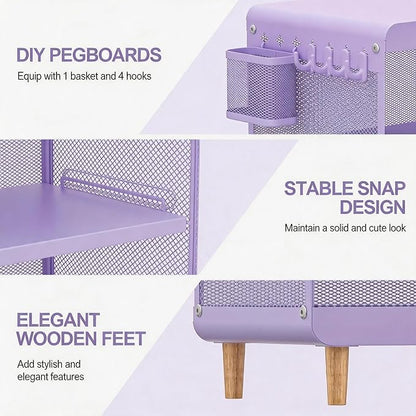 SYKIARIOL Kids Nightstand for Girls, Metal Bedside Table with 4 Hooks & Hanging Basket, 3-Tier Storage Shelf, Toddler Night Stand for Bedroom, Purple