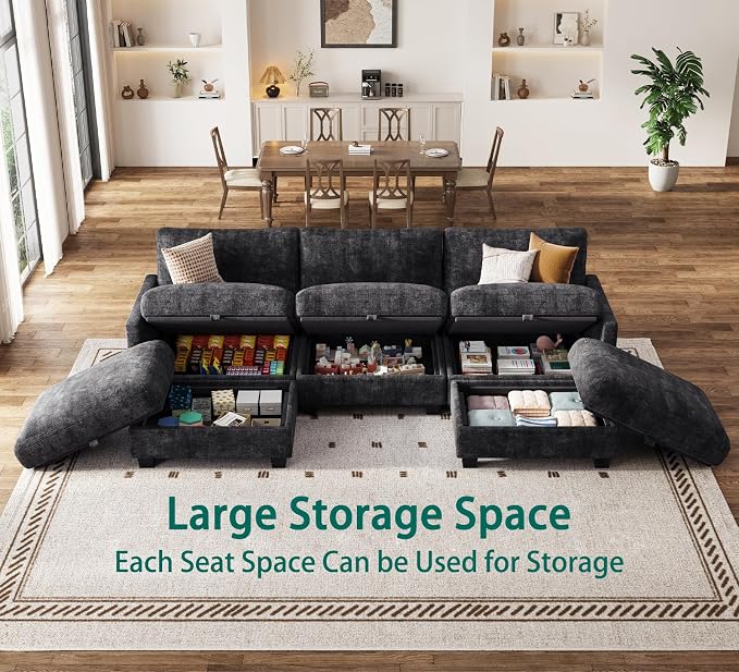 Sectional Couches for Living Room, U Shaped Modular Sectional Sofa, Cloud Couch with Storage Ottoman, Comfy Chenille Sofa with Pillow, Black