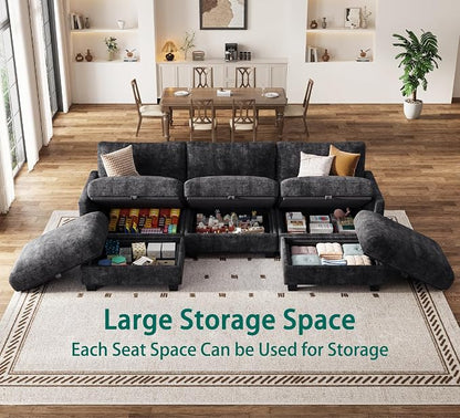Sectional Couches for Living Room, U Shaped Modular Sectional Sofa, Cloud Couch with Storage Ottoman, Comfy Chenille Sofa with Pillow, Black