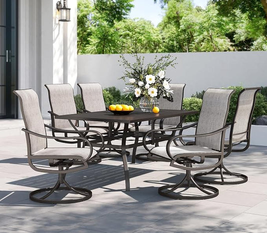 PHI VILLA Outdoor Dining Set for 6, Swivel Mesh Chairs & Metal Table, Grey | Includes 60'' rectangle table with umbrella hole and 6 breathable textilene chairs, designed for deck, backyard, garden