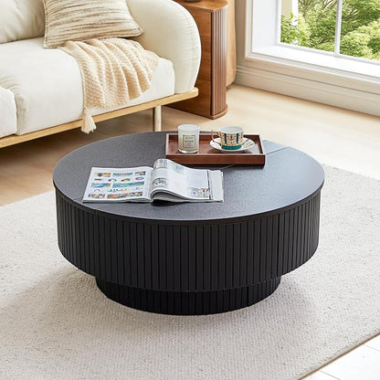 33" Round Coffee Table with Lift-Top & Flip-Top Storage, Modern Accent Fluted Coffee Tables with Metal Frame, Wooden Circle Center Table for Living Room Small Space Apartment Office (Black)