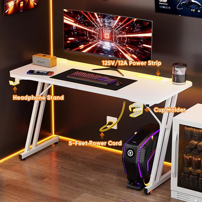 Czlolo 47 Inch Gaming Desk with Power Outlets, L-Shape Leg Computer Desk, Gamer Desk for Small Space, Wtih Cup Holder, Headphone Stand, USB＆ Tpye-C Ports, Carbon Fiber Surface, White