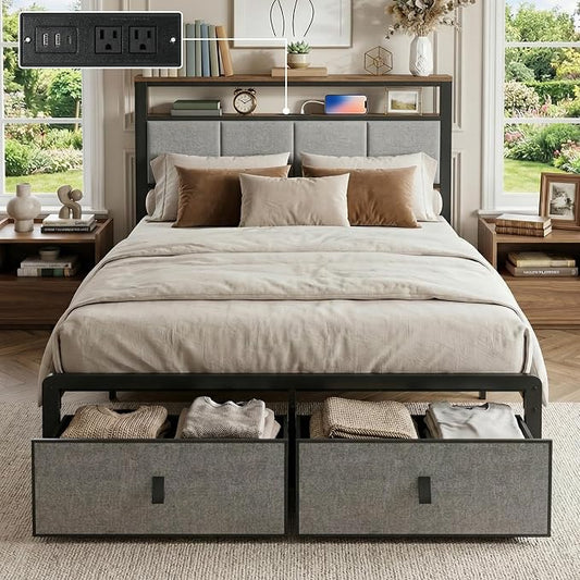 Upholstered Full Bed Frame with 2-Tier Storage Headboard, Metal Platform Bed with Charging Station, Full Size Bed Frame with 2 Under Bed Storage Drawers, No Box Spring Needed, Noise-Free