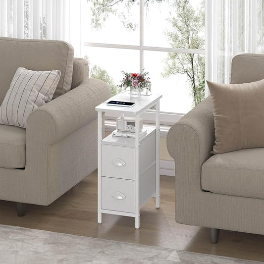 sthmec Narrow End Table with Charging Station, Narrow Side Table with 2 Fabric Drawers, Slim Nightstand, Skinny Bedside Table, Small Side Table for Small Spaces, Living Room, Bedroom, White