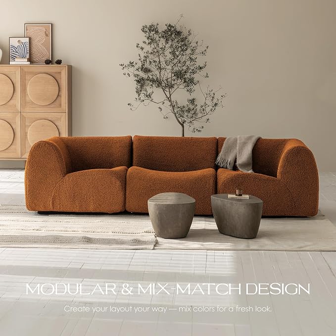 110" 3-Seater Modular Sectional Sofa, Sherpa Cloud Couch with Deep Seat Comfort, Boneless Curved Sofas with High-Density Foam Strong Support, Modern Cozy Sofa for Living Room – No Assembly, Brown