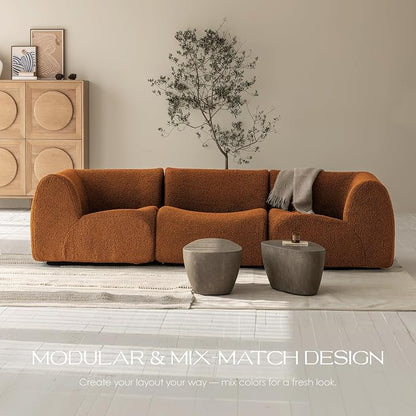 110" 3-Seater Modular Sectional Sofa, Sherpa Cloud Couch with Deep Seat Comfort, Boneless Curved Sofas with High-Density Foam Strong Support, Modern Cozy Sofa for Living Room – No Assembly, Brown