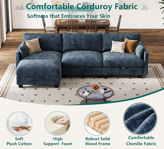Modular Sectional L Shaped Sofa Couches for Living Room, Cloud Couch with Storage Ottoman, Comfy Chenille Sofa with Pillow, Blue