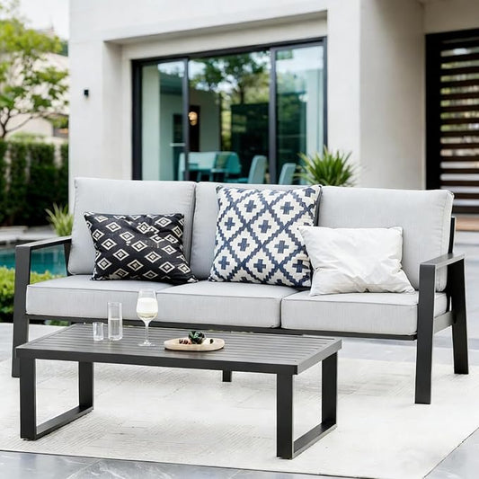 Outdoor Couch 3-Seat All-Weather Metal Outdoor Sofa Wite Outdoor Coffee Table (Black/Light Grey, 3-Seat Sofa+ Coffee Table)