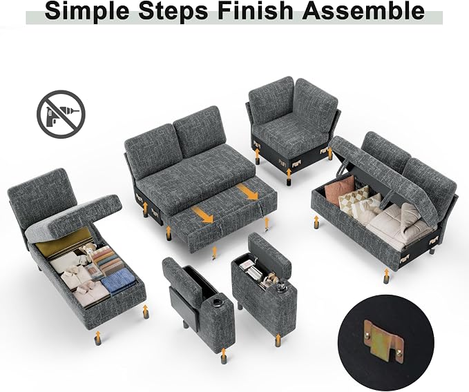 Vipbear Premium 111" Modular Sectional Sleeper Sofa, 7 Seat Sleeper Sofa with Pull Out Bed for Living Room, L Shaped Couch with Storage Chaise|USB Ports|Cup Holders|Storage Armrests|Side Table, Gray