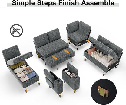 Vipbear Premium 111" Modular Sectional Sleeper Sofa, 7 Seat Sleeper Sofa with Pull Out Bed for Living Room, L Shaped Couch with Storage Chaise|USB Ports|Cup Holders|Storage Armrests|Side Table, Gray