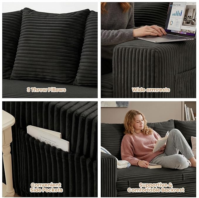 Boneless Couch Sofa Bed, 70'' Convertible Tri-Folding Futon Sleeper with Handle & Side Pockets, Pull Out Couch Bed with Hook and Loop No Assembly for Small Space,Living Room & Bedroom