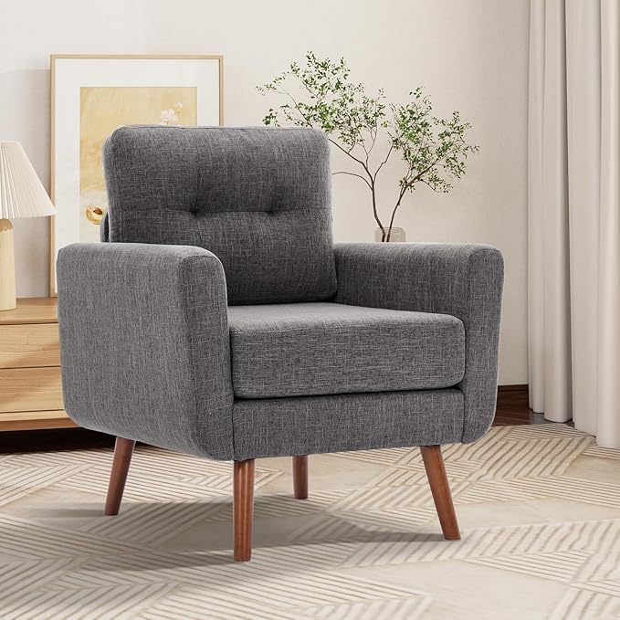 Tbfit Accent Chair, Reading Chair for Living Room & Bedroom, Mid Century Modern Arm Chair, Button Tufted Upholstered Accent Chairs Sofa with Solid Wood Frame, Grey