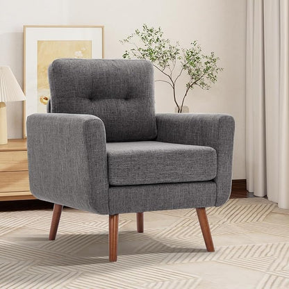 Tbfit Accent Chair, Reading Chair for Living Room & Bedroom, Mid Century Modern Arm Chair, Button Tufted Upholstered Accent Chairs Sofa with Solid Wood Frame, Grey