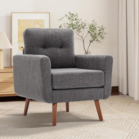 Tbfit Accent Chair, Reading Chair for Living Room & Bedroom, Mid Century Modern Arm Chair, Button Tufted Upholstered Accent Chairs Sofa with Solid Wood Frame, Grey