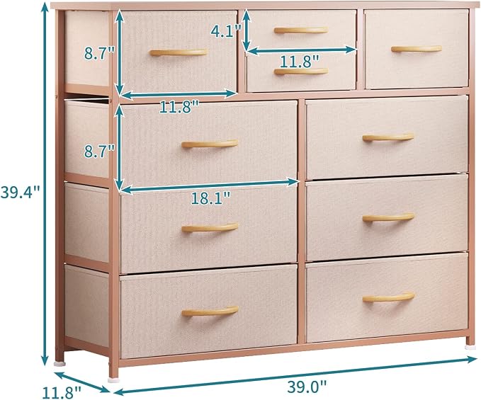 LUMTOK 10-Drawer Dresser, Fabric Storage Tower with Drawers for Bedroom, Dresser Drawer with Handle for Bedroom, Living Room, Hallway, Closets & Nurseryteel Frame, Wood Top (10 Drawer/Rose Gold)