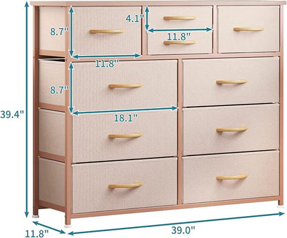 LUMTOK 10-Drawer Dresser, Fabric Storage Tower with Drawers for Bedroom, Dresser Drawer with Handle for Bedroom, Living Room, Hallway, Closets & Nurseryteel Frame, Wood Top (10 Drawer/Rose Gold)