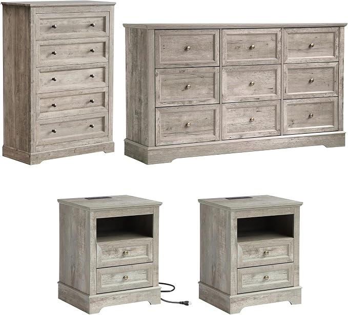 LOUVIXA Farmhouse Bedroom Sets of 4, Including 9 Drawer Dresser, 5 Drawer Dressers and Nightstand Set of 2 with Charging Station (Grey Sets, 4 Pieces)