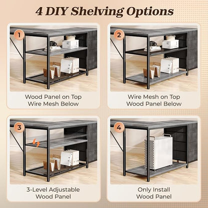 PRAISUN 61" L Shaped Desk with Power Outlets & USB-C Port, Reversible Computer Corner Office Desk with 4 Fabric Drawers and 2 Storage Shelves, Large Desk for Gaming Writing Study, Grey
