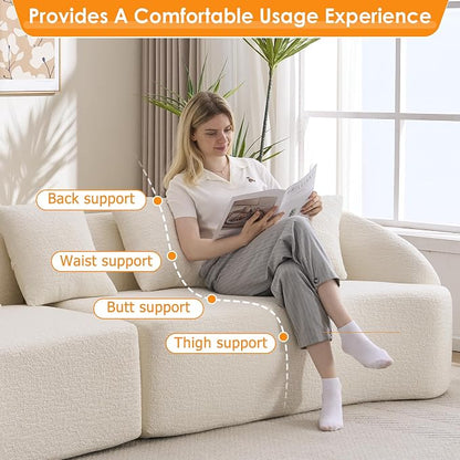 111" Boneless Sofa Couch 4 Seater, Modern Oversized Curved Couch, Luxury Wood Grain Chenille Fabric, Deep Seat Sectional Couches for Living Room (Cream White, 111")
