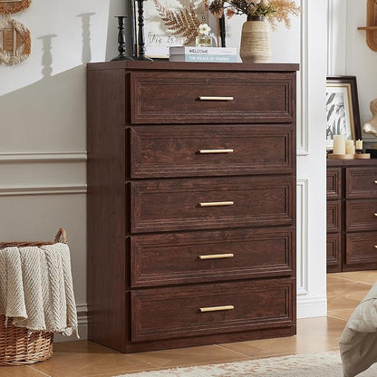 RWYHG Dresser for Bedroom with 5 Drawers 45" Tall Wood Closet Organizer with Metal Handle Furniture for Living Room Hallway Walnut