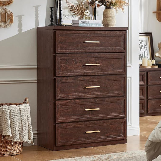 RWYHG Dresser for Bedroom with 5 Drawers 45" Tall Wood Closet Organizer with Metal Handle Furniture for Living Room Hallway Walnut