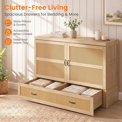 CECER Queen Murphy Bed with Mattress for Guest/Small Space-Natural Wood | Built-in Multi-Port Charging Station ＆ Large Storage Drawer，Space Saving ＆ Easy Assemble and Conversion