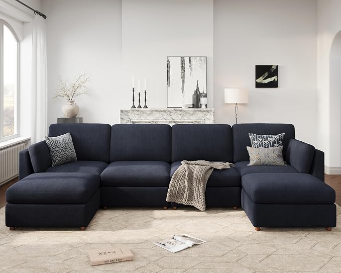 Oversized Modular Sectional Sofa U-Shaped Cloud Couches Blue | 150'' Deep Seat Couch for Living Room, 6-Seater Luxury Corner sofa with Ottoman, Solid Wood Frame, Removable Washable Cover