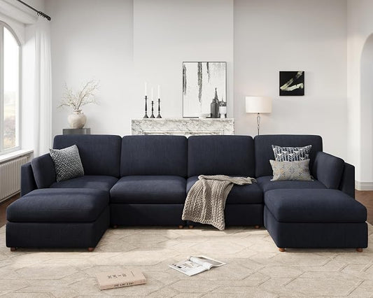 Oversized Modular Sectional Sofa U-Shaped Cloud Couches Blue | 150'' Deep Seat Couch for Living Room, 6-Seater Luxury Corner sofa with Ottoman, Solid Wood Frame, Removable Washable Cover