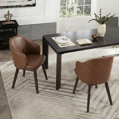 KISLOT Wooden Dining Chairs Set of 2, Faux Leather Barrel Upholstered Modern Dining Room Chairs with Soild Wood Leg & Double-Layer Thick Cushion for Restaurant, Kitchen, Brown