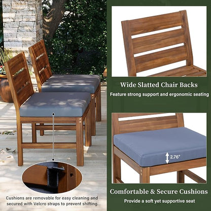 Quarte Premium 4-Piece Farmhouse Outdoor Dining Set in Solid Acacia Wood with Comfort Cushions and Adjustable Legs for Patio, Garden, Backyard (Brown+Gray5)