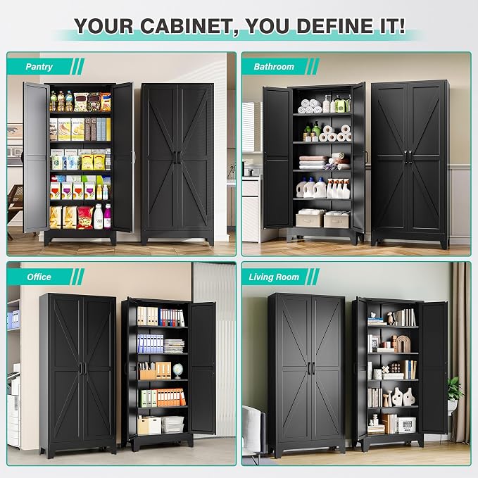 SISESOL Wide & Deep Pantry Storage Cabinets with 2 Doors and 5 Shelves,Tall Storage Cabinet,Large Cupboard Closet,Farmhouse Storage Cabinet for Home,Kitchen,Dining/Living Room (Black, 72" H)