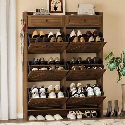 BORNOON Shoe Cabinet for Entryway, Farmhouse Shoe Storage Cabinet with 6 Flip Drawers and 2 Top Drawers, Tall Narrow Shoe Organizer Cabinet with Adjustable Shelves, Side Hooks and Anti-Tip Kit