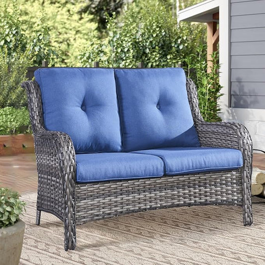 Outdoor Loveseat Sofa-2 Seater Rattan Wicker Patio Couch High Back Patio Sofa for Porch Deck Backyard-Grey/Blue